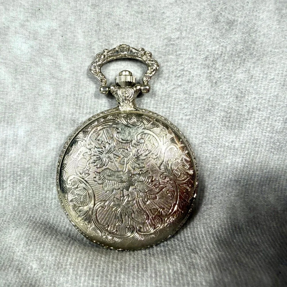 Vtg Pocket Watch Quartz Silver Tone Hunter Case Ornate Floral Japan Movt WORKING
